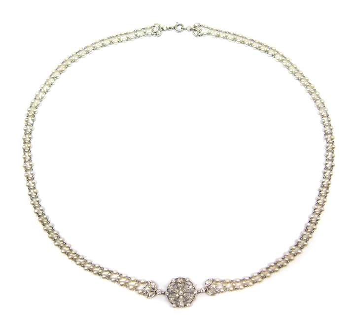 Antique platinum, diamond and seed pearl pendant chain necklace